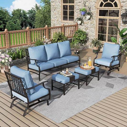 MIXPATIO Patio Furniture Set 5 pcs, Outdoor Patio Furniture, 3-Seat Sofa, 2 Rocking Chairs, 2 Ottomans and 5.75" Extra Thick Cushion, Patio Conversation Set for Garden Backyard Deck,Blue