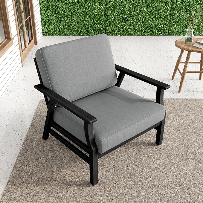 Dark Wood Patio Chair Outdoor Bistro Set, 2 Piece Outdoor Armrest Chair All Weather Patio Sofa Furniture Backyard Conversation Sets with Cushions - Gray
