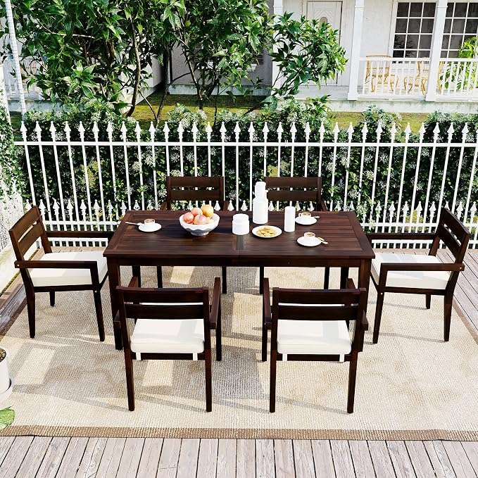 RUNNA 7-Piece Outdoor Dining Table Set with Acacia Tabletop and 6 Chairs Indoor and Outdoor Furniture Sets,for Patio, Balcony Or Backyard. (Dark Brown@015)