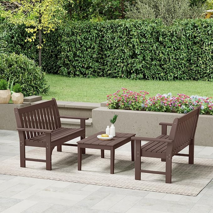 WestinTrends Malibu 3-Piece HDPE Outdoor Patio Furniture Couch and Coffee Table Set, Dark Brown