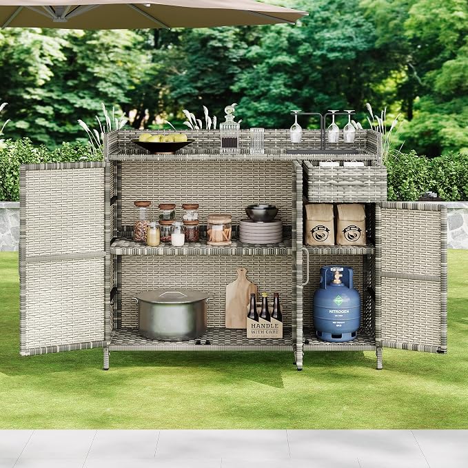 LUMISOL Outdoor Wicker Storage Cabinet with Adjustable Shelf and One Drawer, Weather-Proof Patio Bar Table with Tempered Glass Desktop, Rattan Bar Table with Three Doors for Outdoor Pool Garden, Grey
