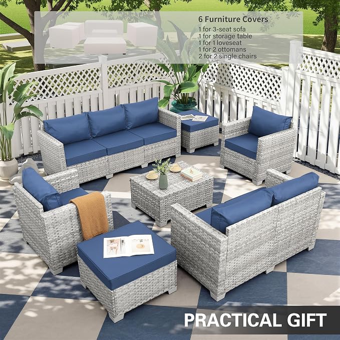 WAROOM Patio Furniture Set 7 Piece Grey Wicker Outdoor Conversation Sets PE Rattan Sectional Sofa with Storage Coffee Table and Anti-Slip Navy Blue Cushion