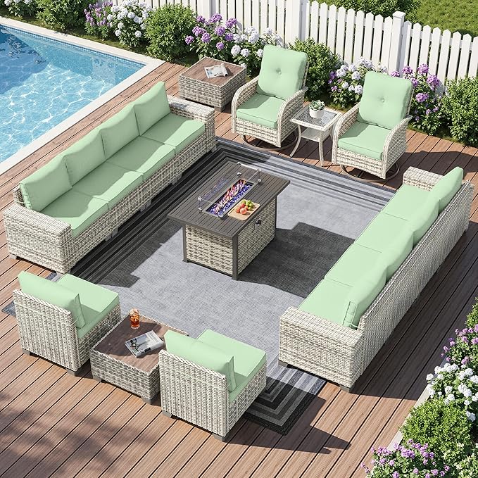 16-Piece Outdoor Patio Furniture Set with Rocking Swivel Chair, PE Wicker Rattan Sectional Sofa Patio Conversation Set with 55,000 BTU Fire Pit Table & Coffee Table, Light Green