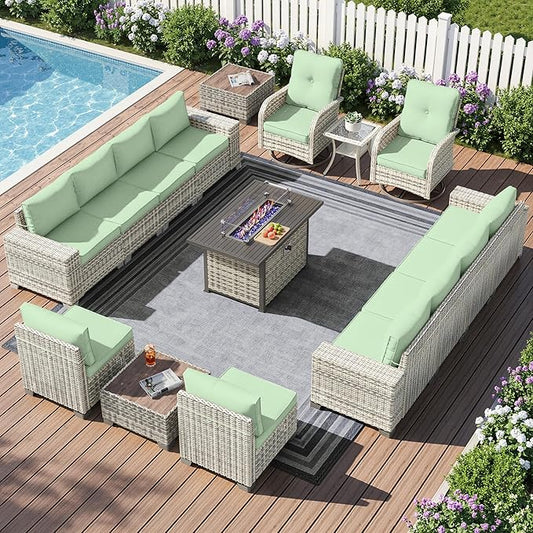 16-Piece Outdoor Patio Furniture Set with Rocking Swivel Chair, PE Wicker Rattan Sectional Sofa Patio Conversation Set with 55,000 BTU Fire Pit Table & Coffee Table, Light Green