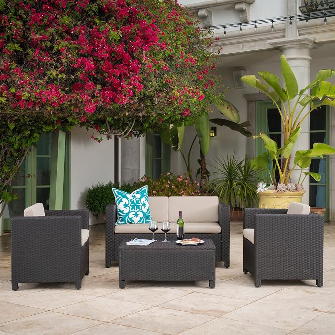 Christopher Knight Home Puerta Wicker Chat Set (4 Piece), Beige/Dark Brown