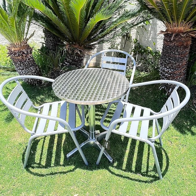 BTEXPERT Gray Indoor Outdoor Restaurant Stainless Steel Silver Aluminum + 3 Metal Slat Stack Commercial Lightweight, 3 Chairs with a 27.5" Round Table
