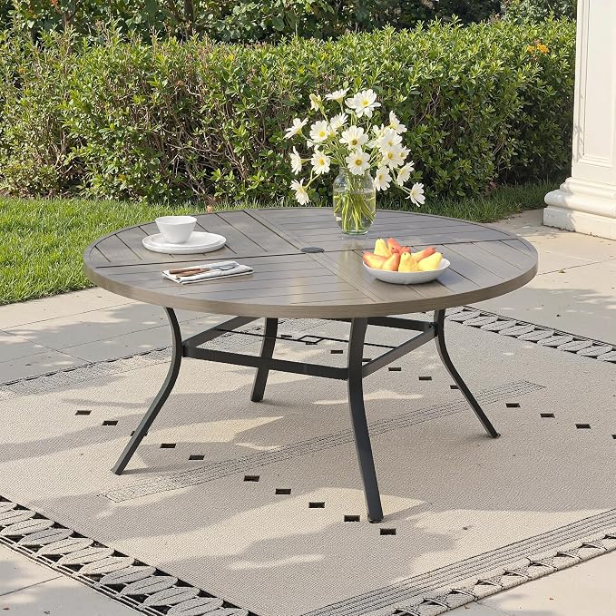 53.1" Outdoor Dining Table with Adjustable Umbrella Hole, Metal Slatted Round Patio Dining Table for Backyard Garden Deck, Antique Grey
