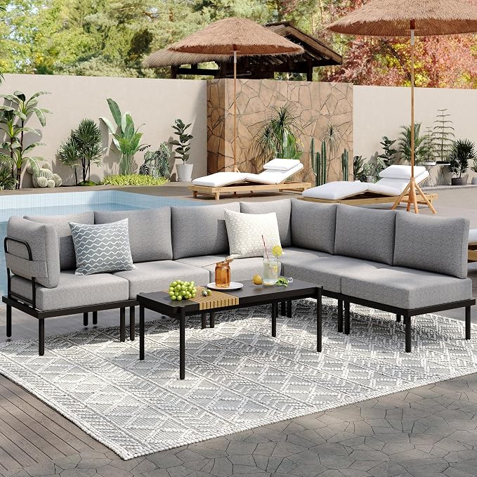 Sundale Outdoor 7 Pieces Metal Patio Furniture Set, Outdoor Sectional Sofa with 6 Inch Olefin Cushion, Modern Outdoor Conversation Sets with Coffee Table for Backyard, Poolside, Sunroom