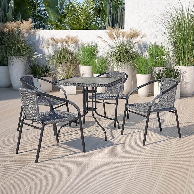 EMMA + OLIVER 28" Square Tempered Glass Metal Table with Gray Rattan Edge