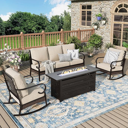 MIXPATIO Patio Furniture Set with Firepit Table, Black Frame Outdoor Conversation Set with 2 x Rocking Chairs, 1 x 3-Seat Sofa for Lawn Garden Backyard, Beige