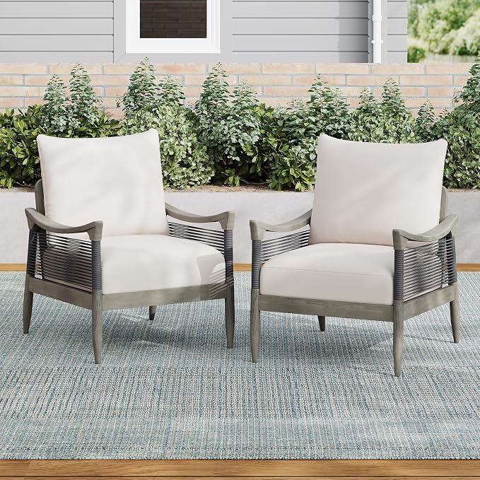 Merax Set of 2 Acacia Wood Patio Club Chairs with Cushions | Grey Acacia Frames, Dark Grey Woven Rope, 6-Inch Seat Cushions And Deep Seating For Porch, Garden, Backyard Or Balcony