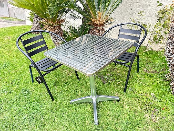 BTEXPERT 27.5" Square Patio Table – Indoor Outdoor Stainless Steel Dining Table with Aluminum Base, Commercial Restaurant Café Bistro Furniture – Weather-Resistant Silver Finish