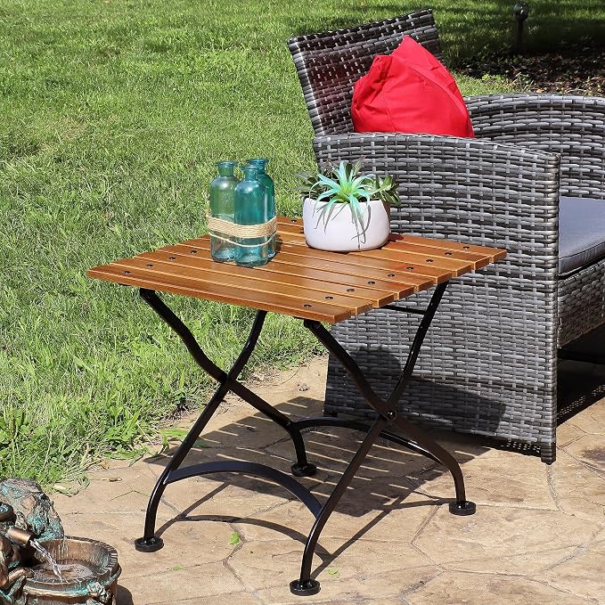 Sunnydaze European Chestnut Wooden Folding Outdoor Adirondack End Table - Square Side Table for Patio with Steel Frame - Brown
