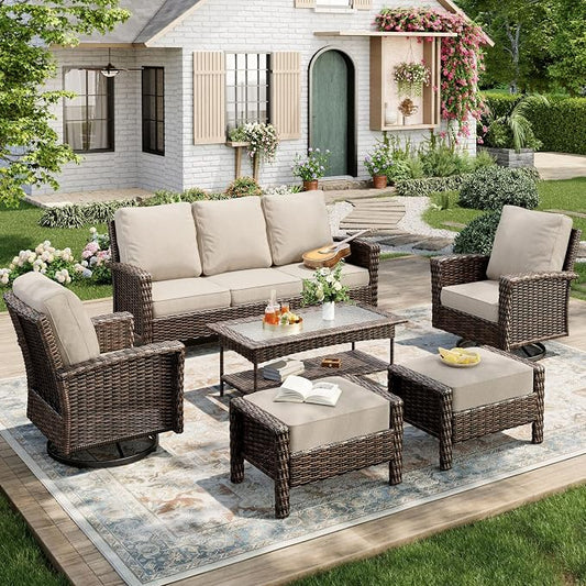 MIXPATIO 6-Piece Wicker Patio Furniture Set with Swivel Chairs, High Back Outdoor Furniture with 5.5-inch Thick Cushion and Ottoman, All-Weather Wicker Patio Conversation Set for Deck Yard Pool, Beige
