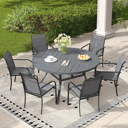 7 Pieces Outdoor Dining Set, Stackable Textilene Paito Chairs & 47.1" Round Dining Table with Umbrella Hole and Shelf, Patio Dining Set for Backyard, Deck, Garden, Grey & Dark Grey