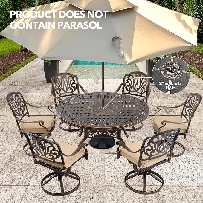 7-Piece Cast Aluminum Outdoor Table and Chairs, Classic Vintage Patio Dining Set for 6 Include 54.5" Round Dining Table and 6 Swivel Chairs with Removable Cushion and Umbrella Hole