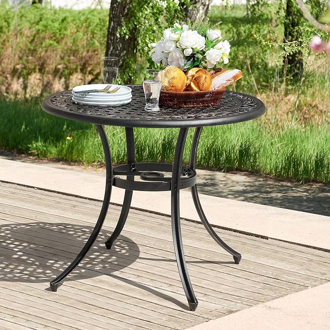 NUU GARDEN 35" Round Patio Bistro Table, Cast Aluminum Round Outdoor Bistro Table with Umbrella Hole for Poolside, Deck, Porch, Backyard, Balcony, Black with Antique Bronze Edge