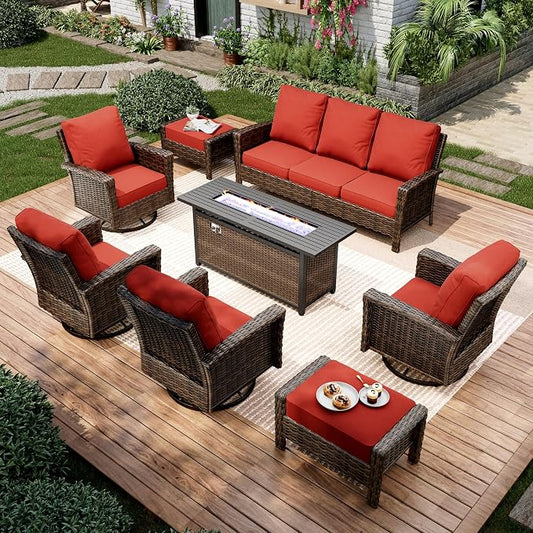 MIXPATIO 8-Piece Wicker Patio Furniture Set, Sectional Conversation Set with 2 x Swivel Chairs, 2 x Ottomans, 1 x 3-Seater Sofa, All-Weather Wicker Patio Conversation Set with 56" Fire Pit Table, Red