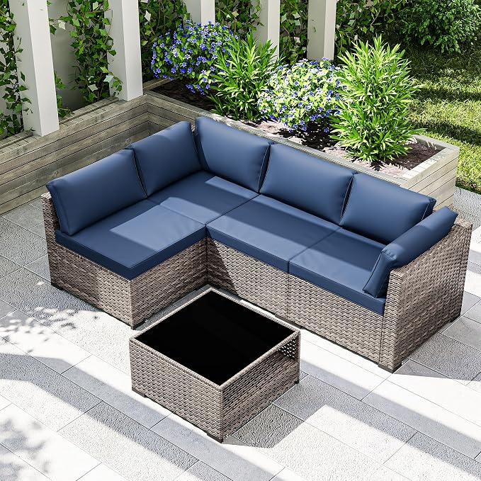 Joyside 5-Piece Patio Furniture Set, Rattan Outdoor Sectional Wicker Patio Conversation Set with Cushions and Coffee Table