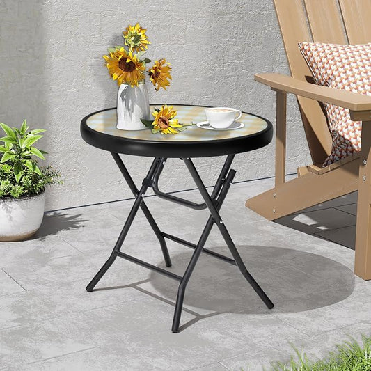 Foldable Side Table with Tempered Glass Top 18" Outdoor Folding Side Tables Small Glass Patio Table for Porch Yard Balcony Deck Lawn Dining Garden (Yellow)