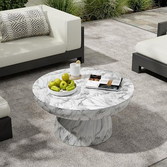 27.5" Round Outdoor Coffee Table Modern Faux Stone Coffee Table for Outdoor Circle Marble Center Tables with Pedestal Accent Tables for Patio Garden Backyard Balcony Weather Resistant, MgO