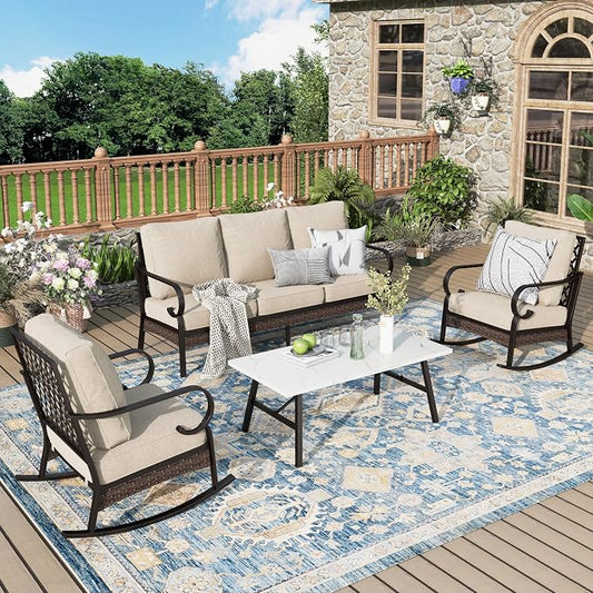 MIXPATIO Patio Furniture Set with Coffee Table, Outdoor Conversation Set with 2 x Rocking Chairs, 1 x 3-Seat Sofa for Lawn Garden Backyard, Beige