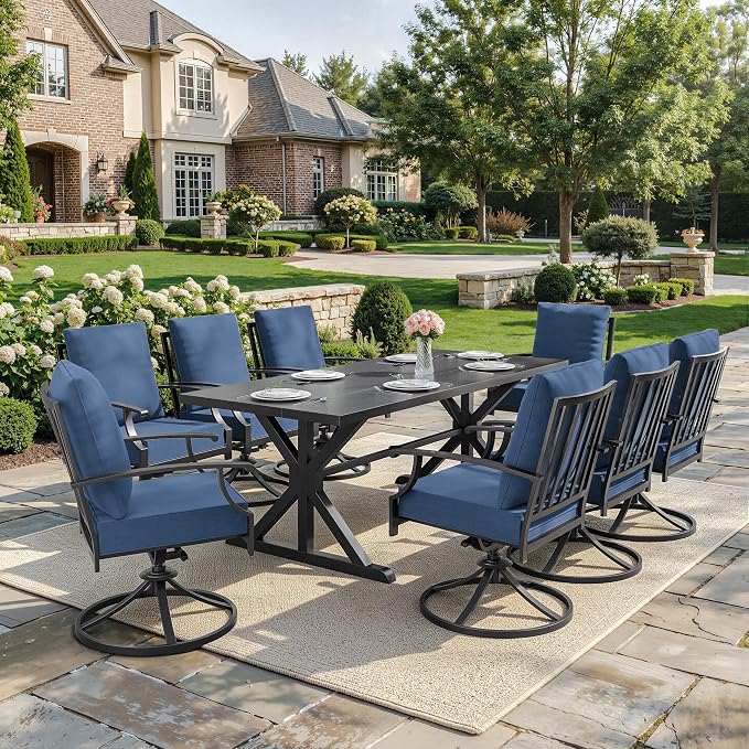 ALAULM 9-Piece Patio Dining Set,Outdoor Metal Dining Set with 8 Swivel Chairs & Rectangle Table with 1.5 Umbrella Hole, Patio Dining Table and Chairs for Backyard,Navy