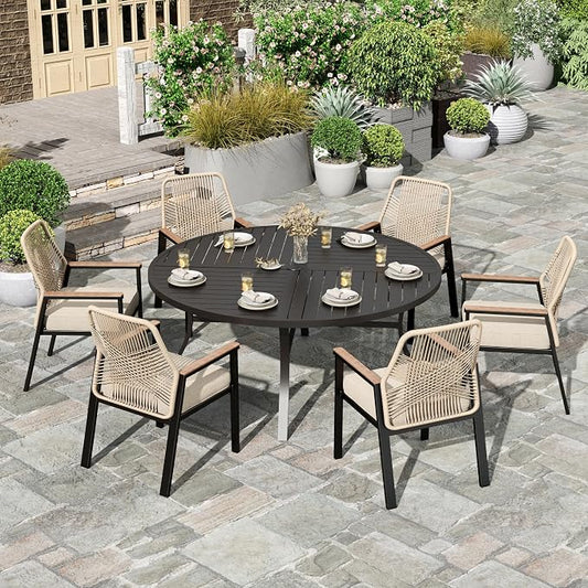 HERA'S HOUSE 7pc Patio Dining Set, 54" Round Table & 6 Rattan Chairs | Metal table with umbrella hole, cushioned chairs. Waterproof, rust-resistant, all-weather for backyard, porch.
