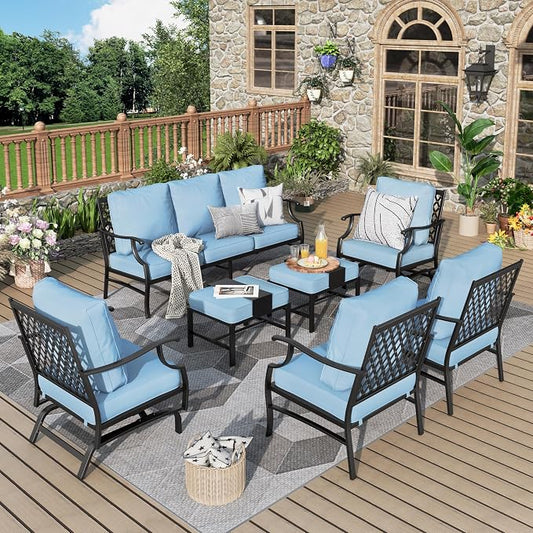 MIXPATIO Patio Furniture Set 7 pcs, Outdoor Patio Furniture, 3-Seat Sofa, 2 Single Chairs, 2 Rocking Chairs, 2 Ottomans and 5.75" Extra Thick Cushion, Patio Conversation Set for Backyard Deck,Blue