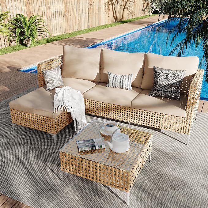 Small Outdoor Wicker Patio Furniture Set L-Shaped - Weather Resistant Wicker Sectional Chaise Sofa with Thick Cushions & Tempered Glass Coffee Table for Small Spaces, Balcony, Apartment