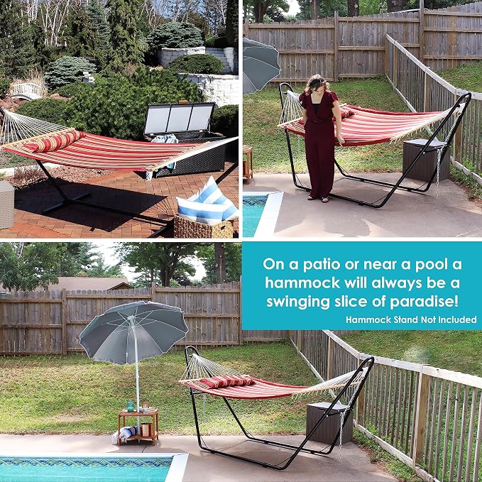 Sunnydaze Set of 2 Outdoor Quilted Fabric Hammocks - 2-Person Hammock with Spreader Bars – Red Stripe and Blue/Green Stripe