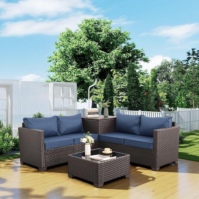 Valita Wicker Patio Furniture Set 4 Pieces Outdoor Sectional Conversation Sofa Set with Storage Box and Glass Table with Cushions and Furniture Covers, Navy Blue