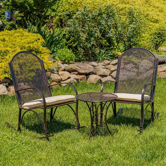 Zaer Ltd. Set of 3, Tsugo Collection, 2 Outdoor Metal Rocking Armchairs with a Round Side Table, Bronze Distressed Finish (Set of 3 (2 Chairs & 1 Table))