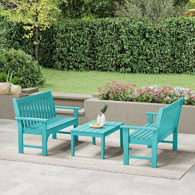WestinTrends Malibu 3-Piece HDPE Outdoor Patio Furniture Couch and Coffee Table Set, Turquoise