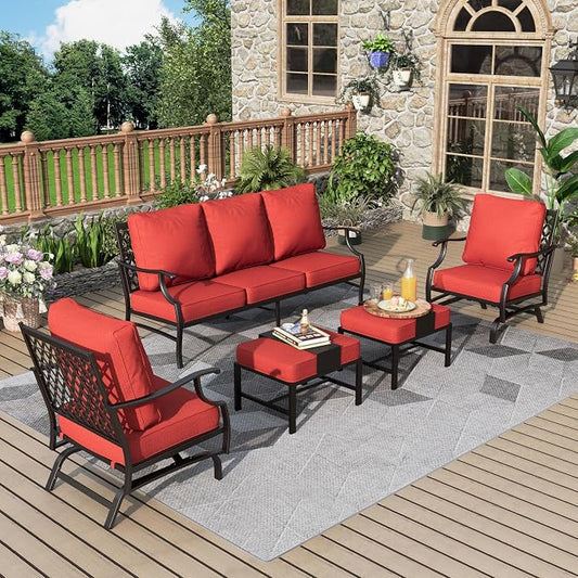 MIXPATIO Patio Furniture Set 5 pcs, Outdoor Patio Furniture, 3-Seat Sofa, 2 Rocking Chairs, 2 Ottomans and 5.75" Extra Thick Cushion, Patio Conversation Set for Garden Backyard Deck,Red