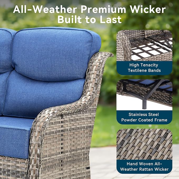 Luxury Outdoor Patio Furniture Set-Wicker High Backrest 3-Seat Patio Sofa with Comfy 6" Cushion, Rattan Couch with Deep Seat All-Weather Patio Conversation Set for Deck Backyard Garden(Grey/Blue)