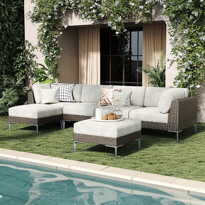 LayinSun 6-Piece Wicker Rattan Patio Furniture Set, Deep Seating Outdoor Modular Sectional Sofa Conversation Set with Thick Cushions for Lawn, Garden