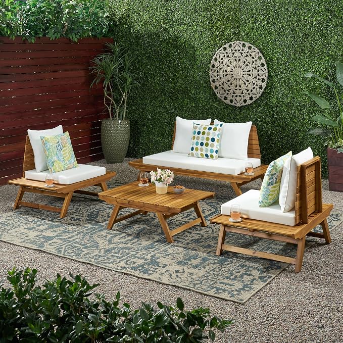 Christopher Knight Home Outdoor Acacia Wood 4 Seater Chat Set, Teak and White