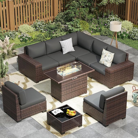Patio Furniture with Fire Pit Table,8‘’ Wide armrest Outdoor Sectional Rattan Sofa Set, Wicker Patio Furniture Sets w/Coffee Table,Thick Cushions and Cover for Porch, Deck, 9 PC (Brown&Grey)