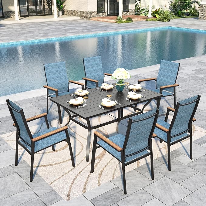 Sophia & William Patio Table and Chairs Set 7 Pieces, 6 Aluminium Patio Dining Chairs with 60" x 38" Metal Dining Table, Stackable and Easy to Move for Outdoor Garden Lawn (Blue)