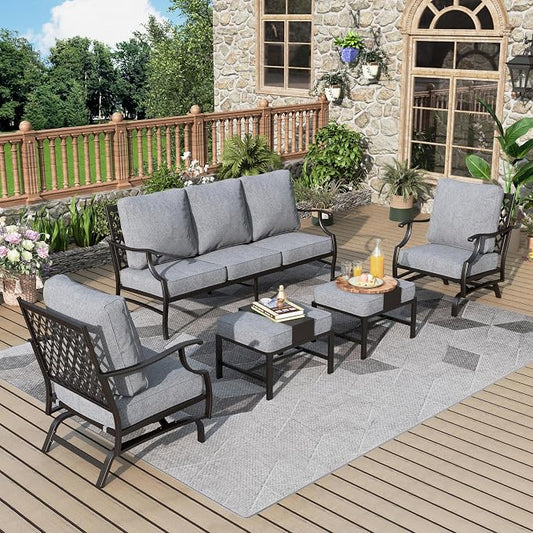 MIXPATIO Patio Furniture Set 5 pcs, Outdoor Patio Furniture, 3-Seat Sofa, 2 Rocking Chairs, 2 Ottomans and 5.75" Extra Thick Cushion, Patio Conversation Set for Garden Backyard Deck,Grey