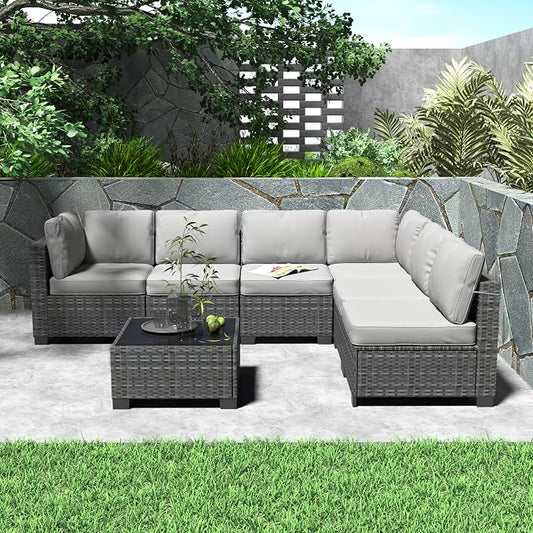 7 Piece Patio Furniture Set, Outdoor Modular Wicker Sectional Couch with Tempered Glass Coffee Table, All-Weather Rattan Conversation Set with Washable Cushions for Backyard, Garden, Deck