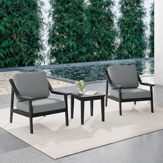 Outdoor Patio Furniture Set, 3 Piece Patio Conversation Sets with Washable Thick Cushions, All-Weather Solid Wood Patio Bistro Set for Porch, Balcony, Black Frame & Gray Cushion