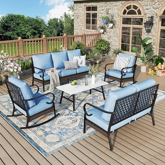 MIXPATIO Patio Furniture Set with Coffee Table, Outdoor Conversation Set with 2 x Rocking Chairs, 1 x 2-Seat Sofa, 1 x 3-Seat Sofa for Lawn Garden Backyard, Blue