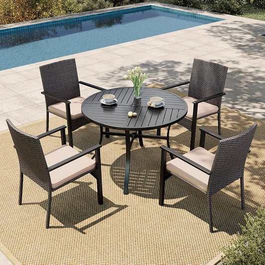HERA'S HOUSE 5 Pieces Patio Dining Set,Outdoor Dining Set for 4,4 x Rattan Armchair with Removable Soft Cushions and 1 x 42 Inches Round Metal Dining Table, Suitable for Lawn, Garden, Backyard, Deck