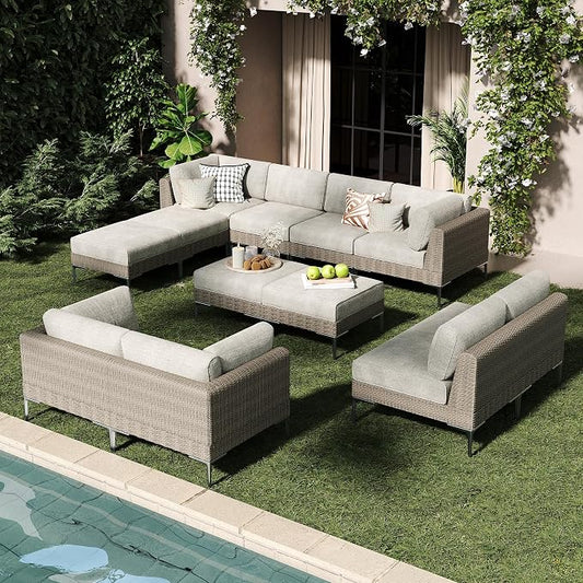 LayinSun 12-Piece Wicker Rattan Patio Furniture Set, Deep Seating Outdoor Modular Sectional Sofa Conversation Set with Thick Cushions for Lawn, Garden