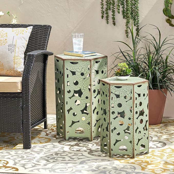 Accent Table Set, 2 Antique Green Iron Side Tables, 14.25" D x 12.5" W x 22" H, 9.81 Pounds, 100 Pounds Weight Capacity, Iron Frame, Wipe with Dry Cloth, for Indoor & Outdoor Use
