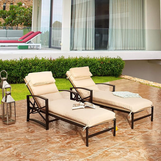 LOKATSE Home 2 Pieces Outdoor Patio Chaise Lounge Chair Blue Removable Cushions and Pillows with Adjustable Backrest and Armres Reclining Chairs for Beach Poolside Balcony Backyard Garden