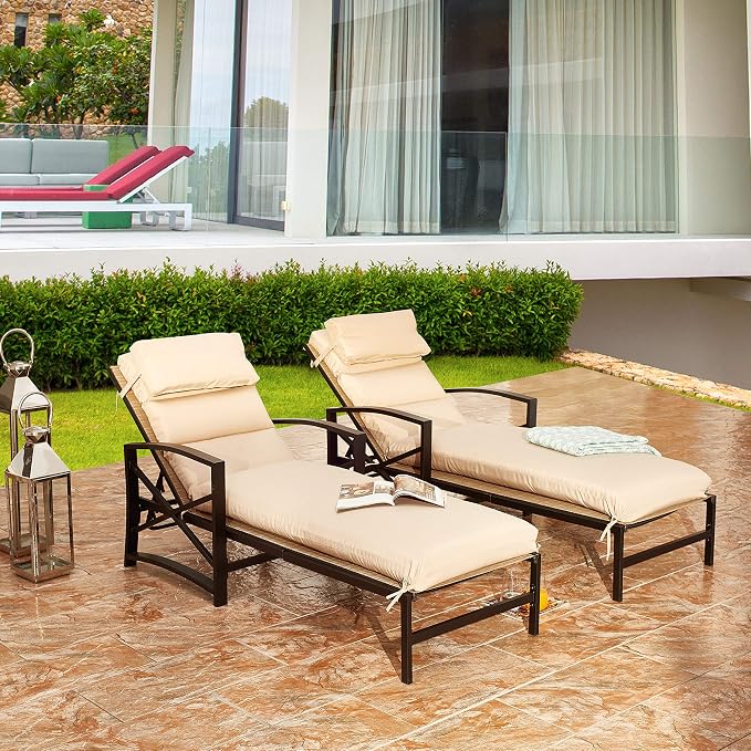 LOKATSE Home Patio Chaise Lounge Chairs Set of 4 Outdoor Teslin Furniture Reclining Adjustable with Cushion and Soft Pillow for Pool,Deck,Yard