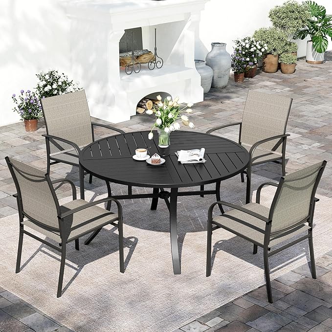 5pc Patio Dining Set for 4, Outdoor 42" Round Metal Table & 4 Brown Chairs | 4 textilene chairs + steel table. Waterproof, stain-resistant & wipe-clean. Ideal for backyard, garden & poolside.